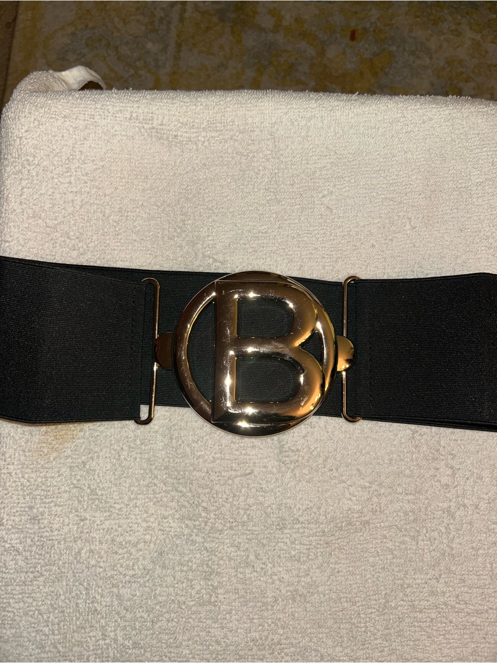 Black Elastic Waist Belt with Gold 'B' Buckle